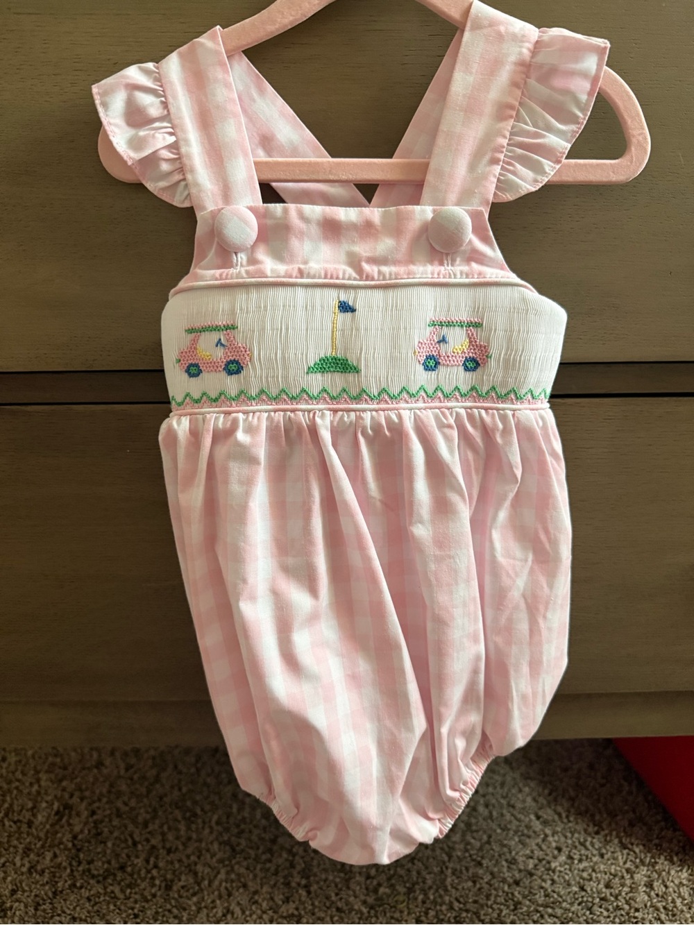 Baby Girl Pink Gingham Smocked Golf Cart Bubble Romper